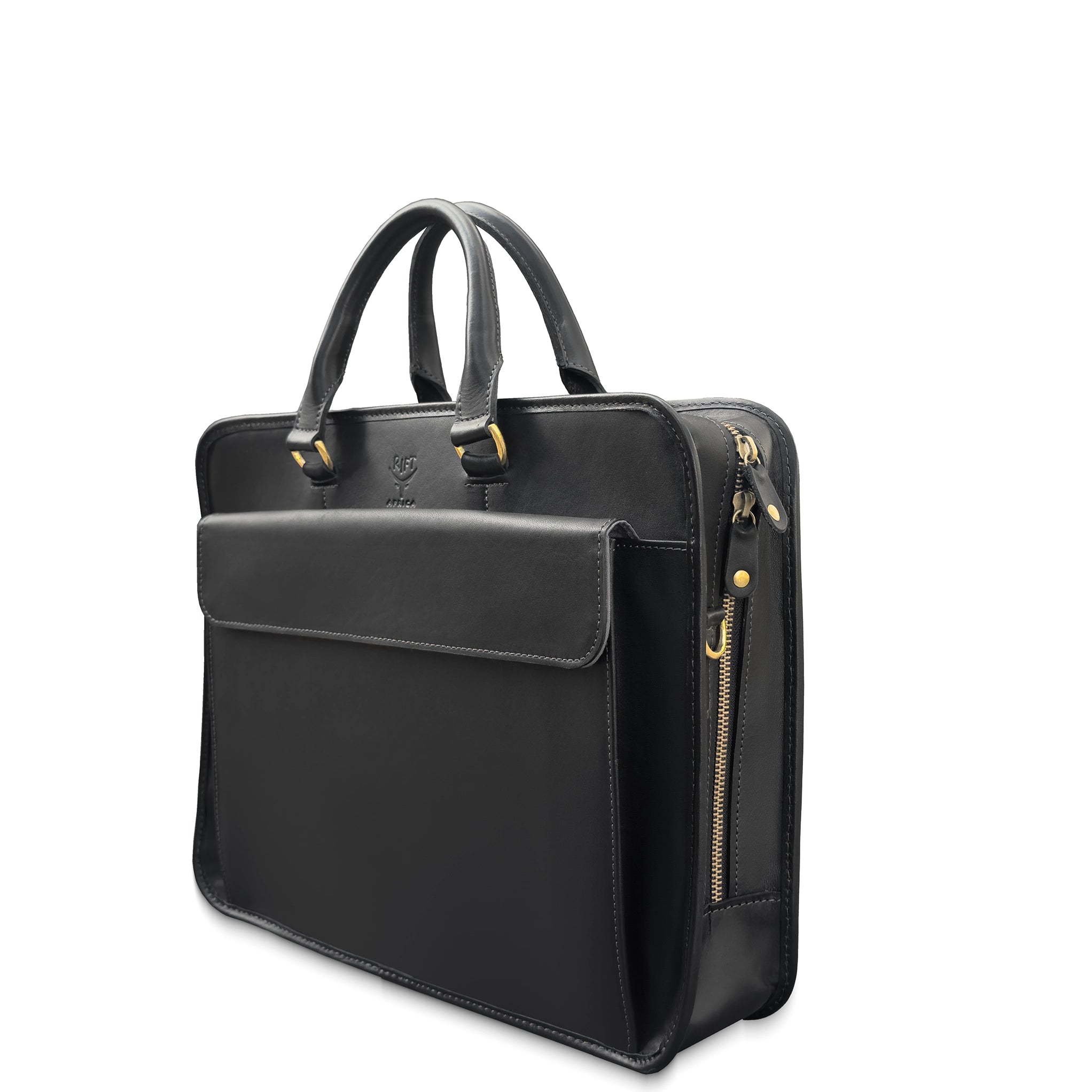 Black leather briefcase with gold zipper pulls on a white background