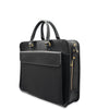 Black leather briefcase with gold zipper pulls on a white background