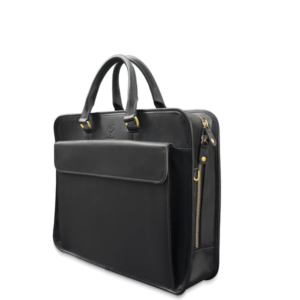 Black leather briefcase with gold zipper pulls on a white background