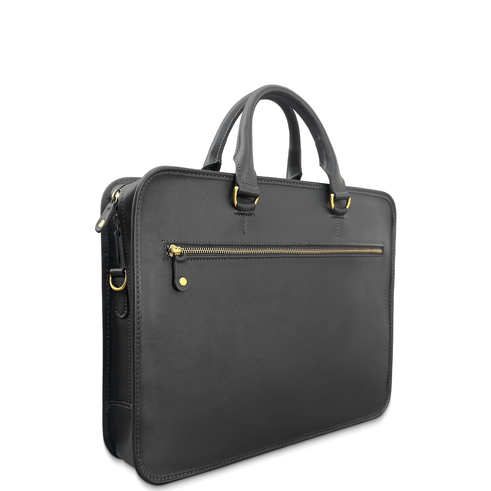 Black leather briefcase with gold zipper on a white background