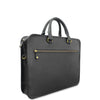 Black leather briefcase with gold zipper on a white background
