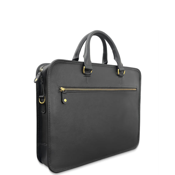Black leather briefcase with gold zipper on a white background