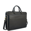 Black leather briefcase with shoulder strap on a white background