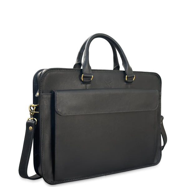 Black leather briefcase with shoulder strap on a white background