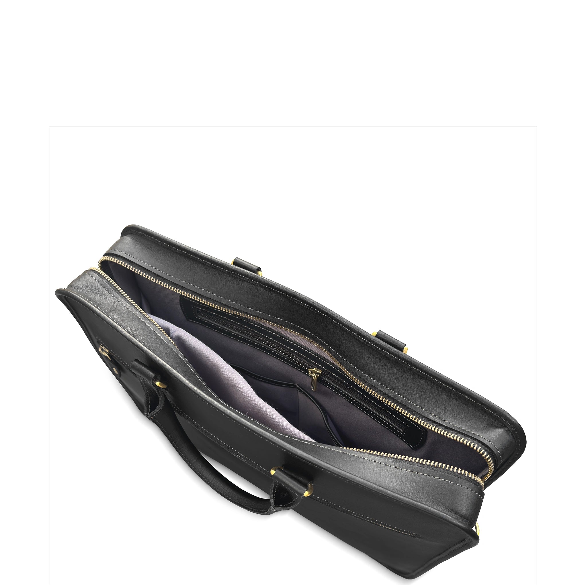 Black leather briefcase with gold zipper on a white background
