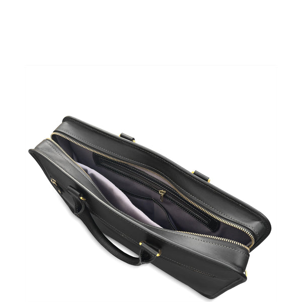 Black leather briefcase with gold zipper on a white background
