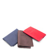 Three leather passport holders in blue, brown, and red on a white background