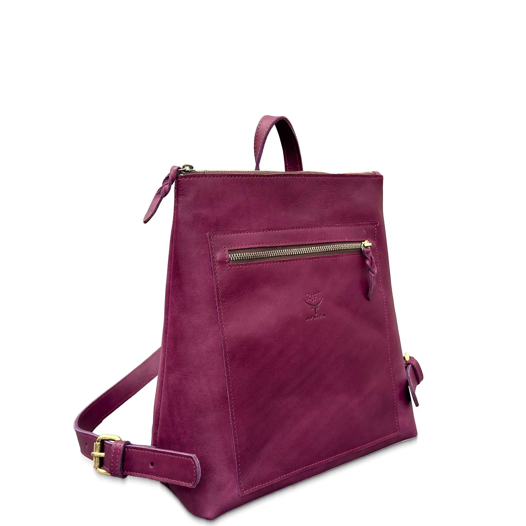 Purple backpack with gold zippers on a white background