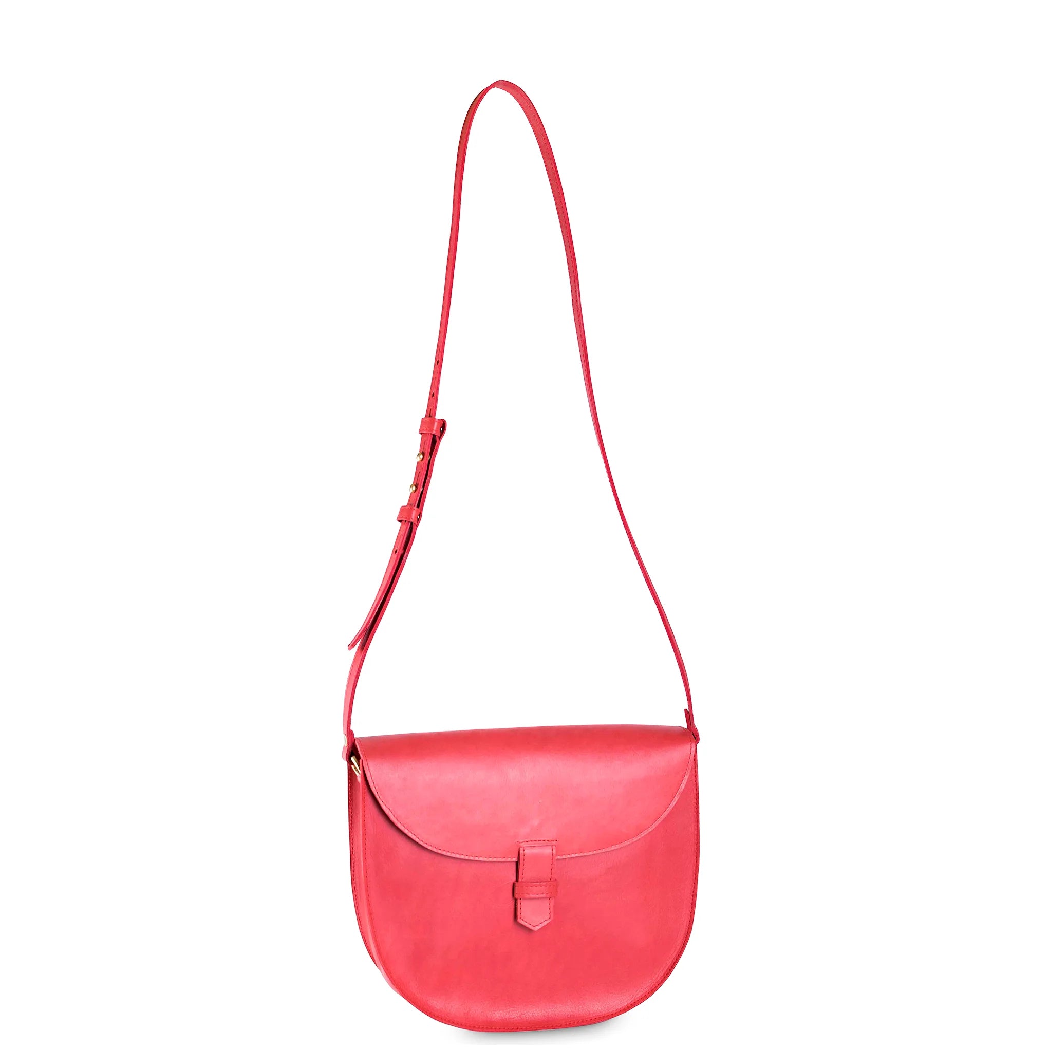 Red leather shoulder bag on a white background