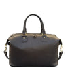 A brown leather duffel bag with dual top handles, gold-tone hardware, and a detachable shoulder strap, photographed against a plain white background.