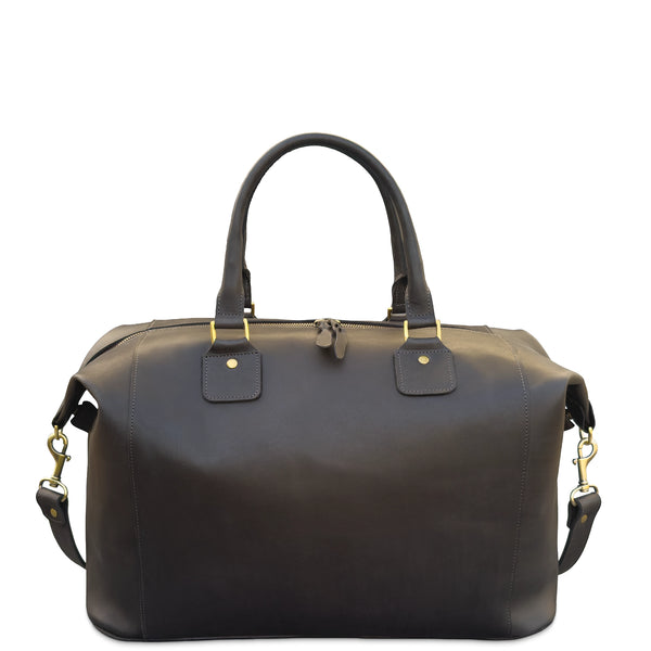 A brown leather duffel bag with dual top handles, gold-tone hardware, and a detachable shoulder strap, photographed against a plain white background.