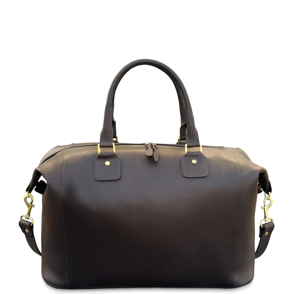 Brown leather duffel bag with gold hardware on a white background