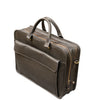 Brown leather briefcase with gold zipper on a white background