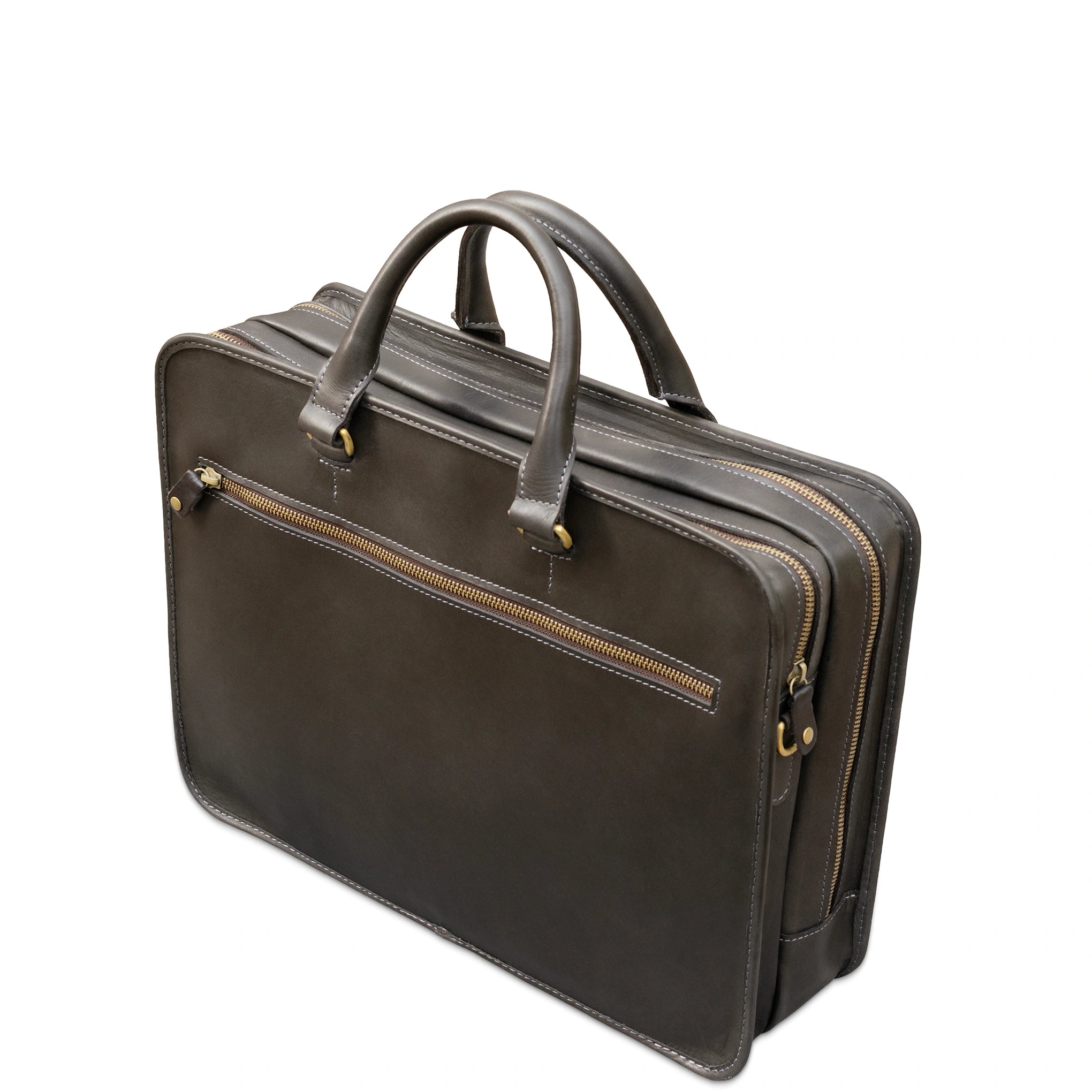 A dark brown leather briefcase with dual top handles, a front zippered pocket, and gold-tone hardware, shown on a plain white background.