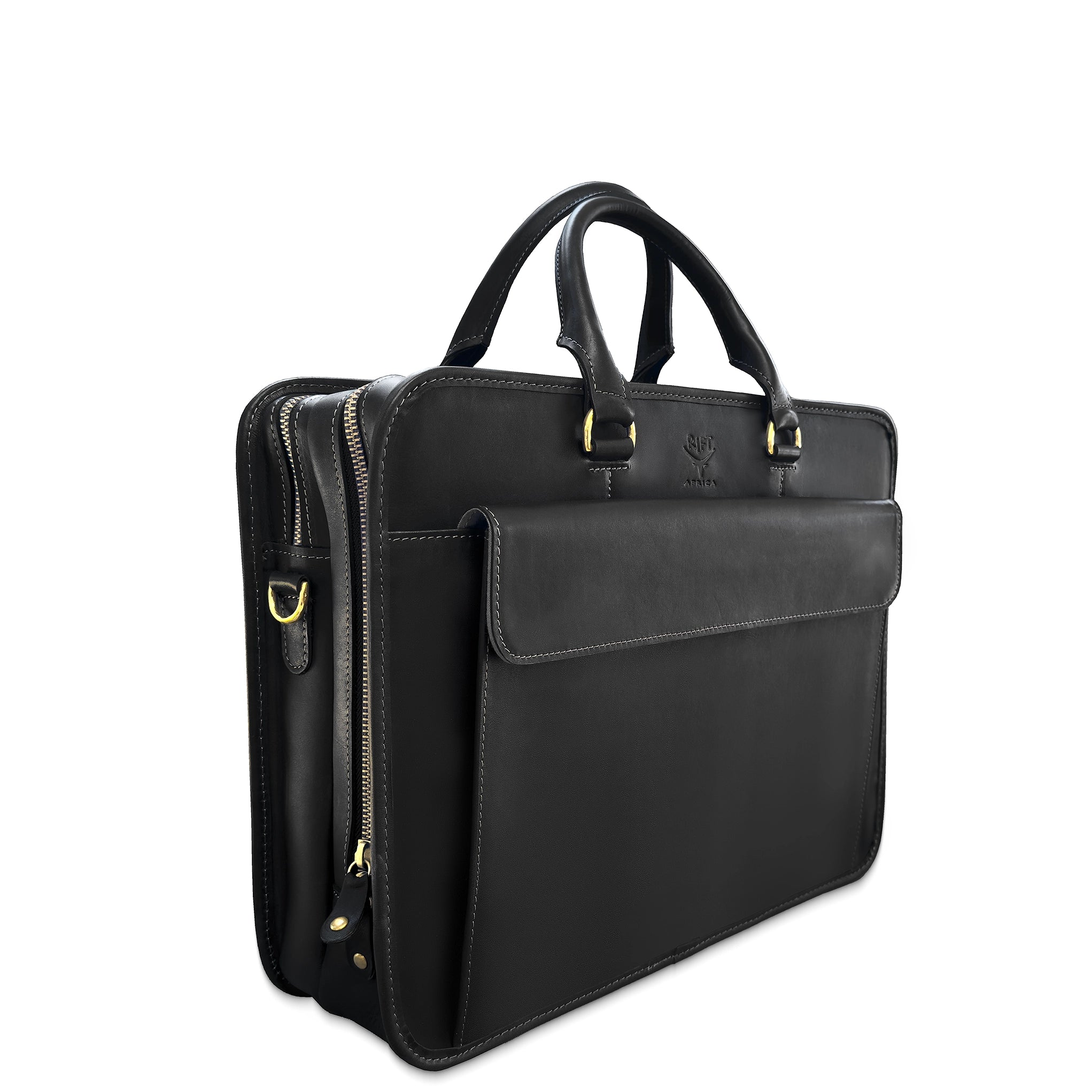 Black leather briefcase with gold hardware on a white background