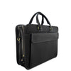 Black leather briefcase with gold hardware on a white background