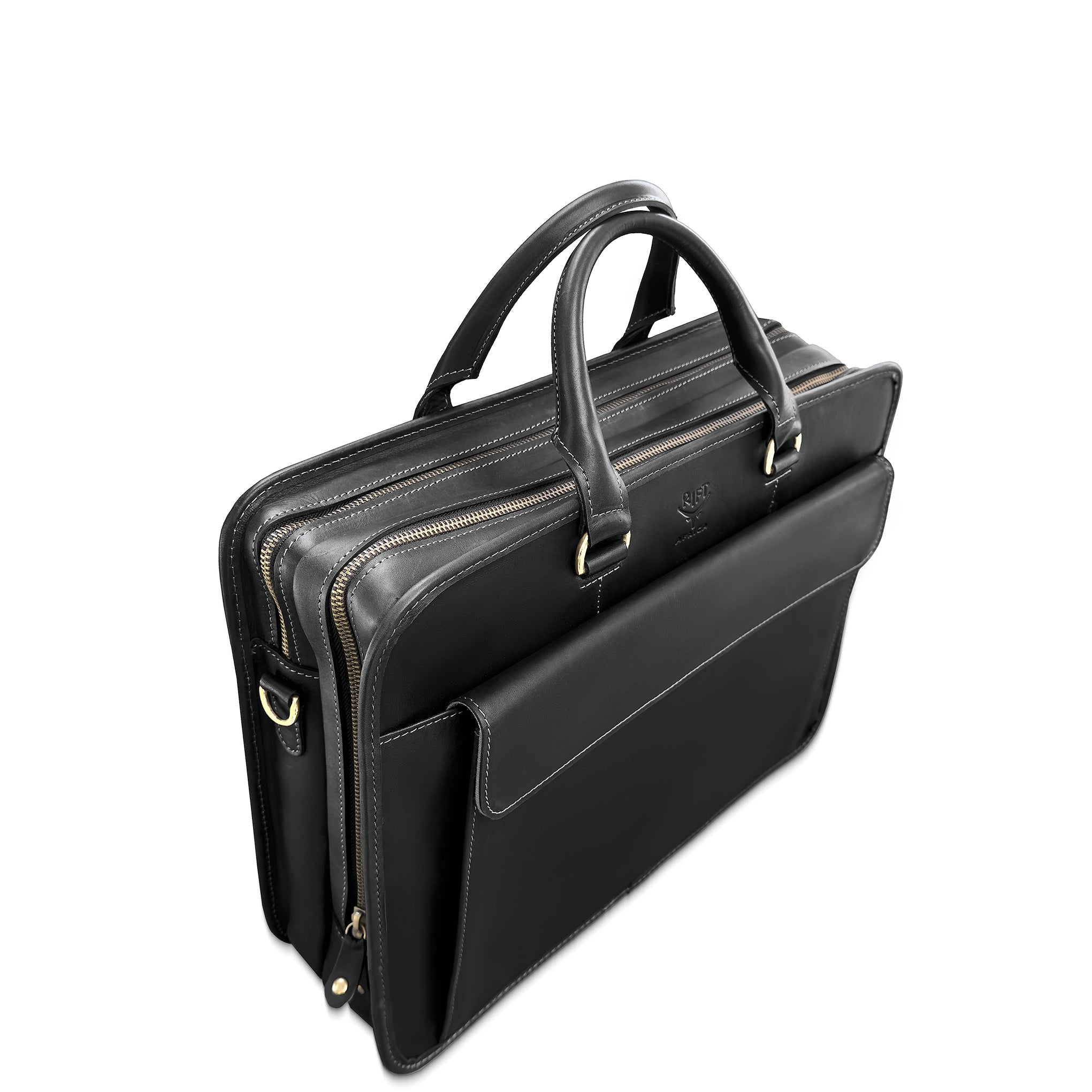 Black leather briefcase with gold zipper on a white background