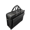 Black leather briefcase with gold zipper on a white background