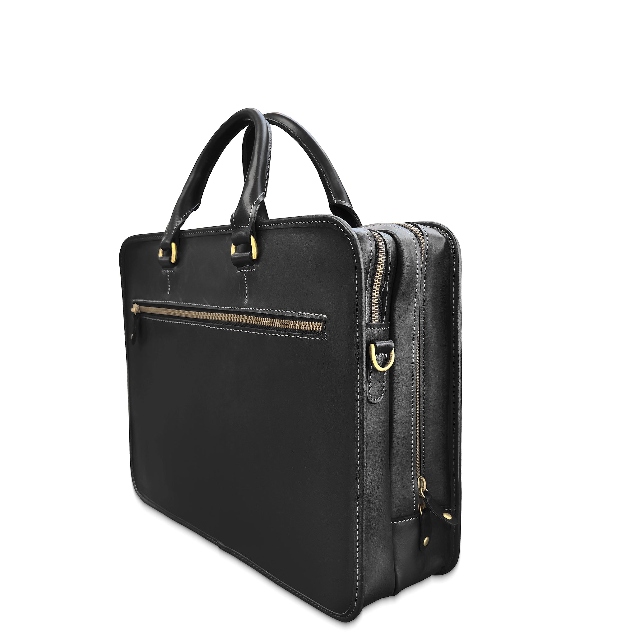 Black leather briefcase with gold zippers on a white background