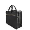 Black leather briefcase with gold zippers on a white background