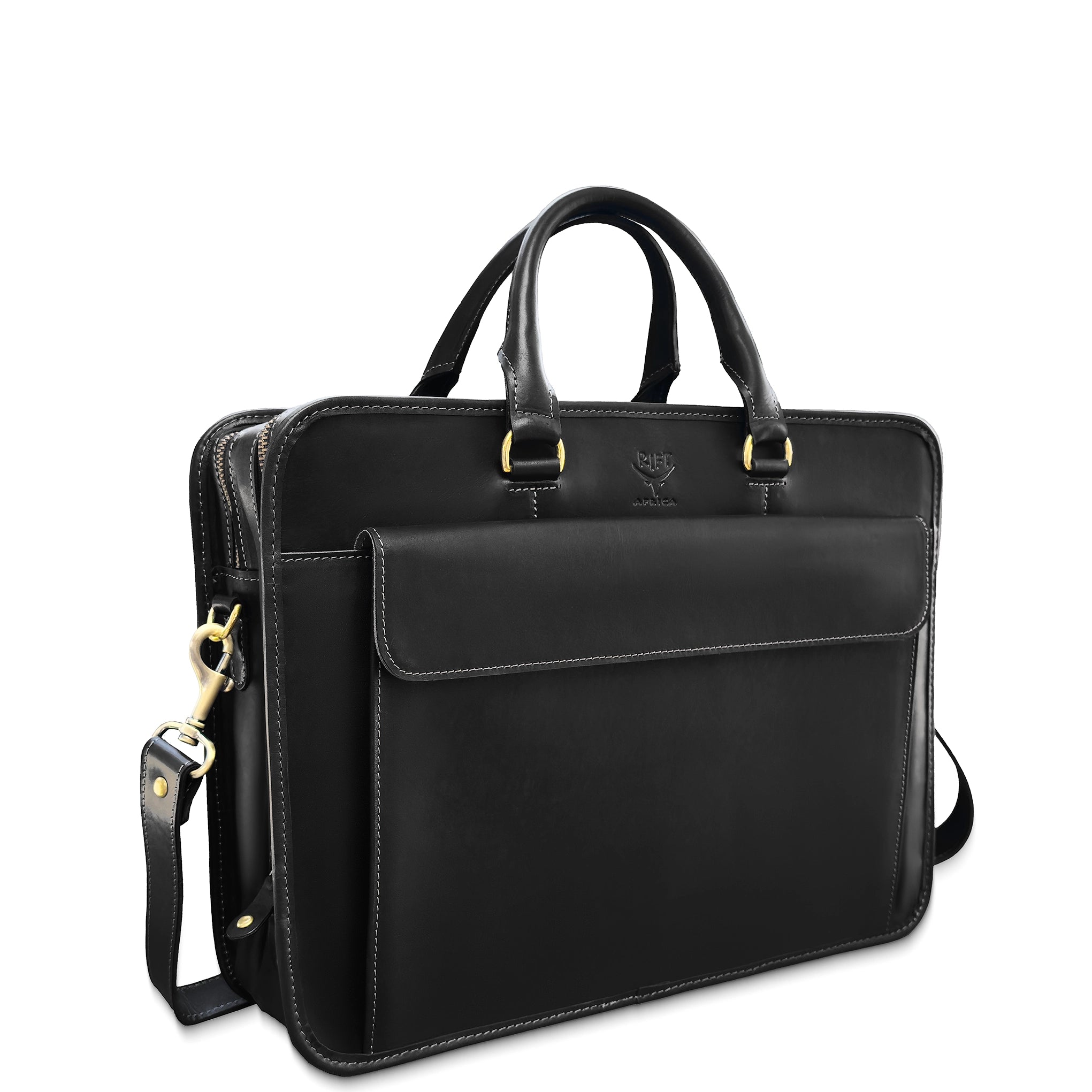 Black leather briefcase with shoulder strap on a white background
