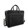 Black leather briefcase with shoulder strap on a white background