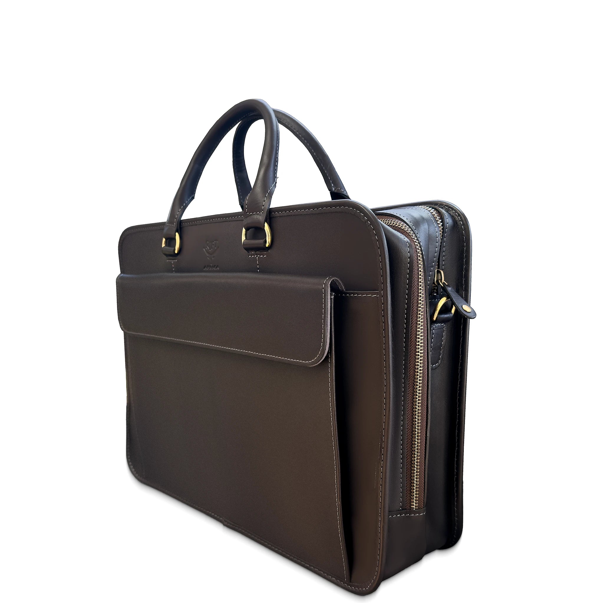 Brown leather briefcase with gold zipper on a white background