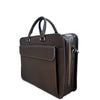Brown leather briefcase with gold zipper on a white background