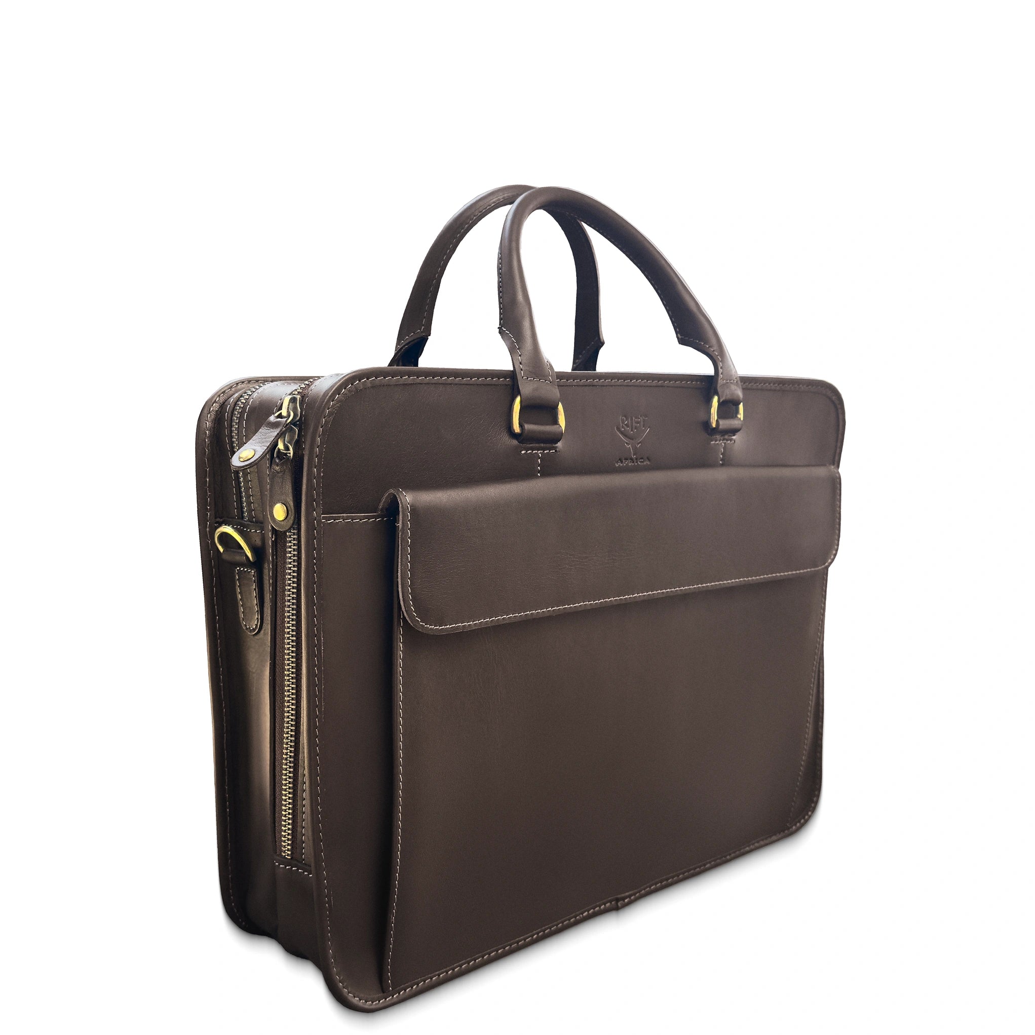 Brown leather briefcase with gold zipper on a white background