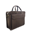 Brown leather briefcase with gold zipper on a white background