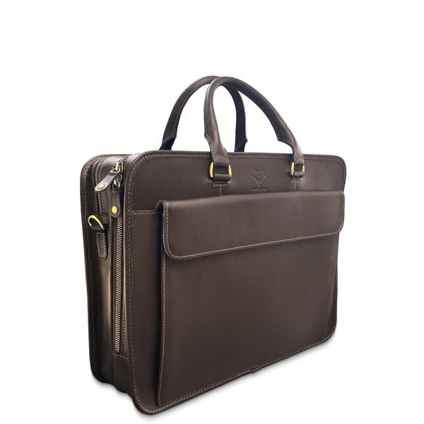 Brown leather briefcase with gold zipper on a white background