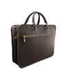 Brown leather briefcase with gold zipper on a white background