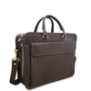 Brown leather briefcase with gold accents on a white background