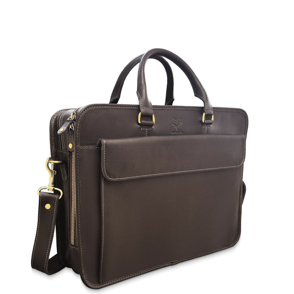 Brown leather briefcase with gold accents on a white background