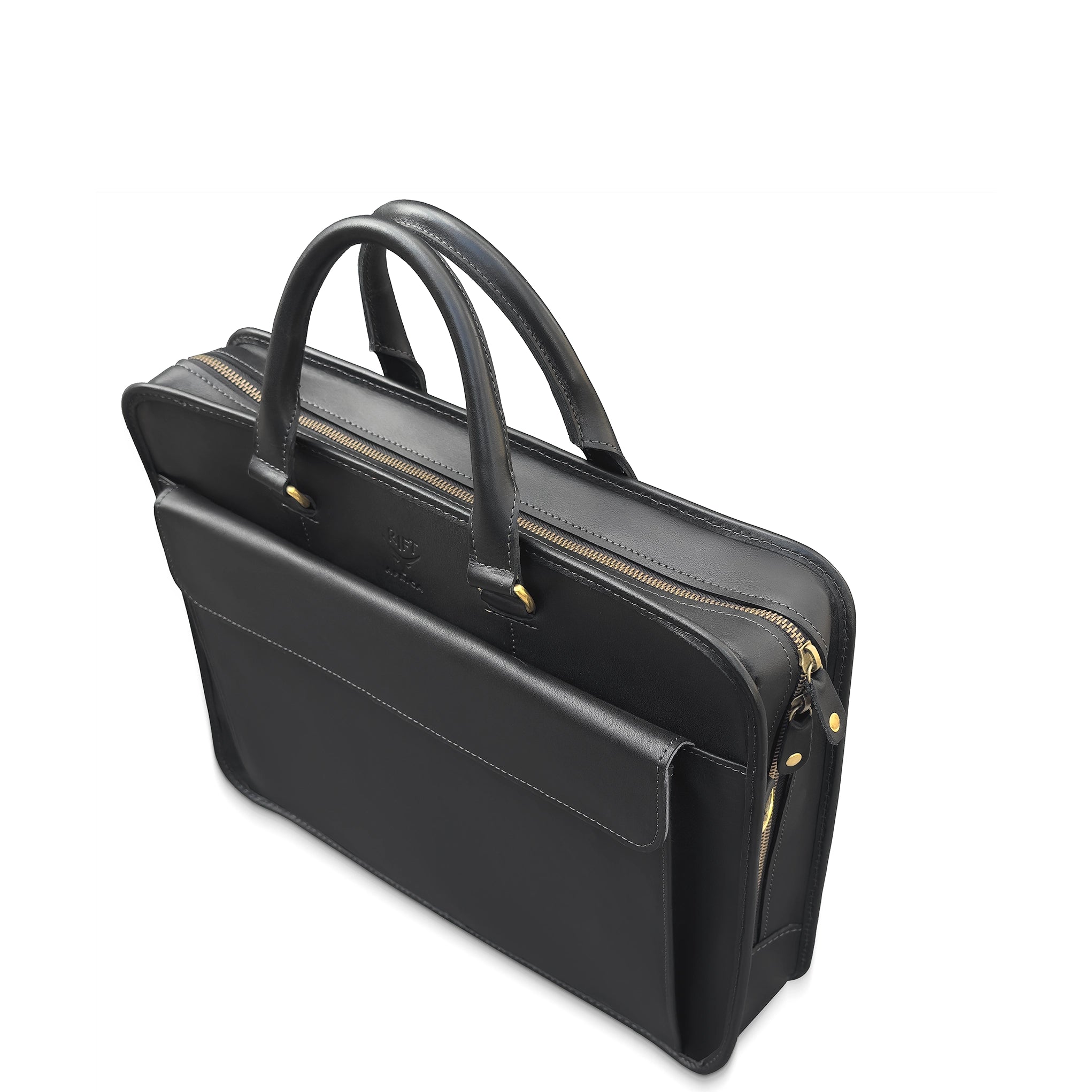 Black leather briefcase with gold zipper pulls on a white background
