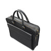 Black leather briefcase with gold zipper pulls on a white background