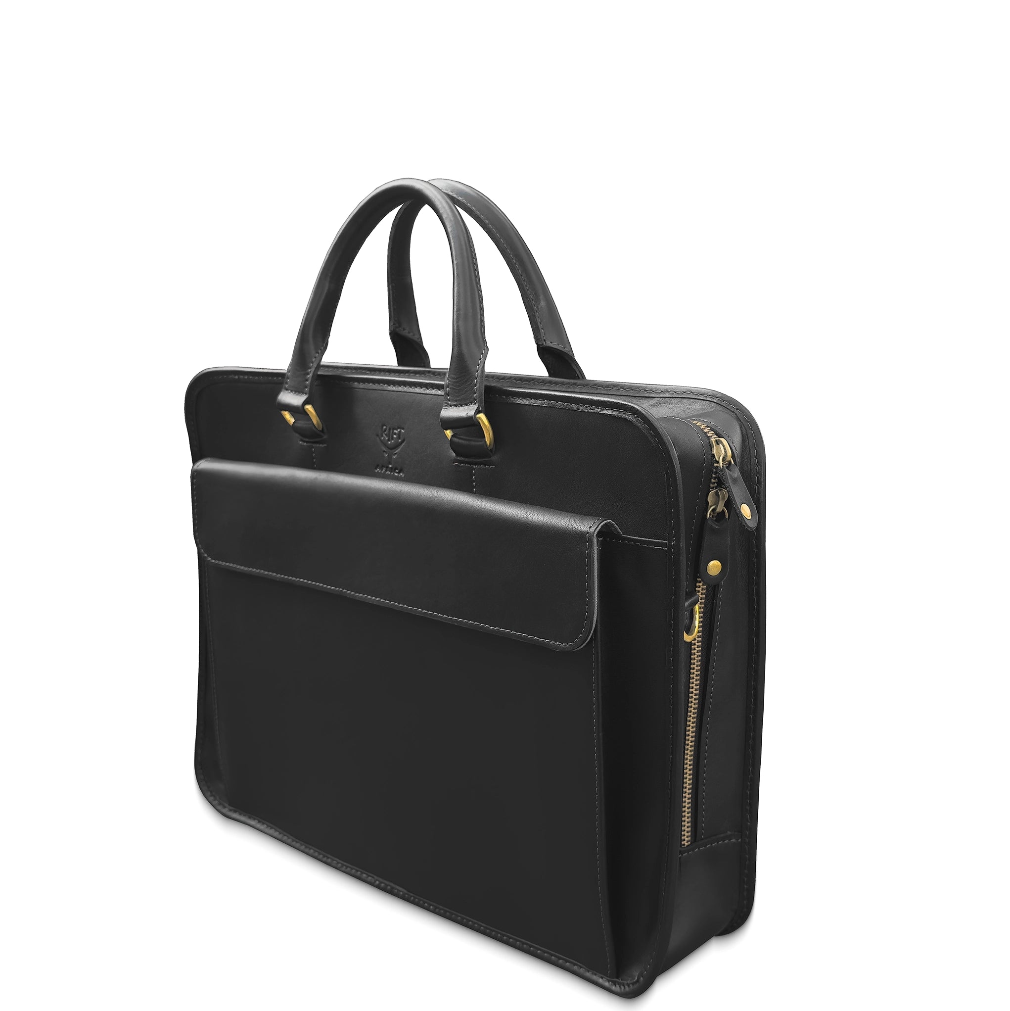 Black leather briefcase with gold zipper pulls on a white background