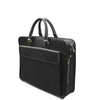 Black leather briefcase with gold zipper pulls on a white background