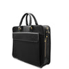 Black leather briefcase with gold zipper pulls on a white background