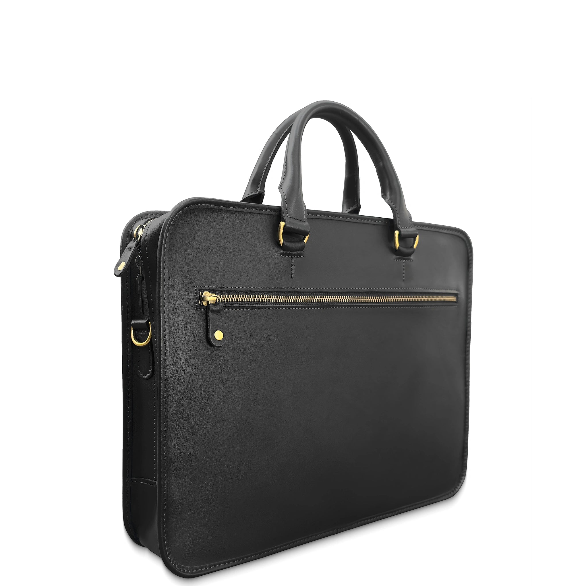 Black leather briefcase with gold zippers on a white background
