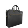 Black leather briefcase with gold zippers on a white background