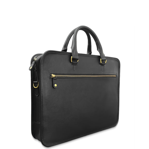 Black leather briefcase with gold zippers on a white background