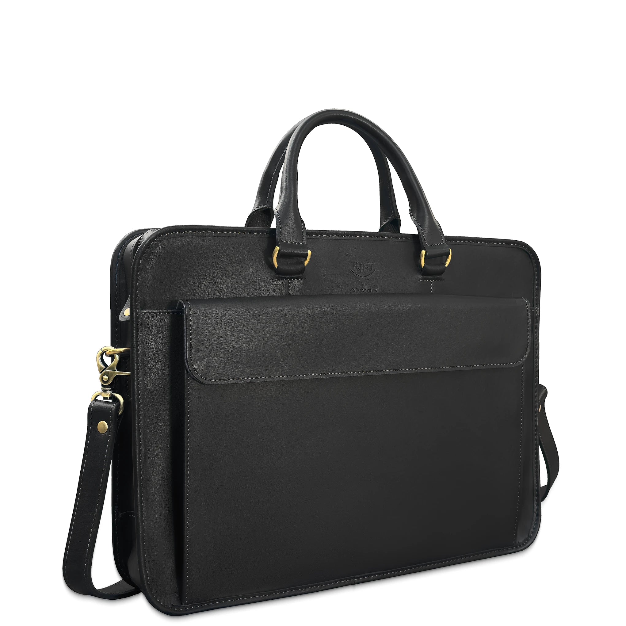 Black leather briefcase with shoulder strap on a white background