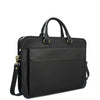 Black leather briefcase with shoulder strap on a white background