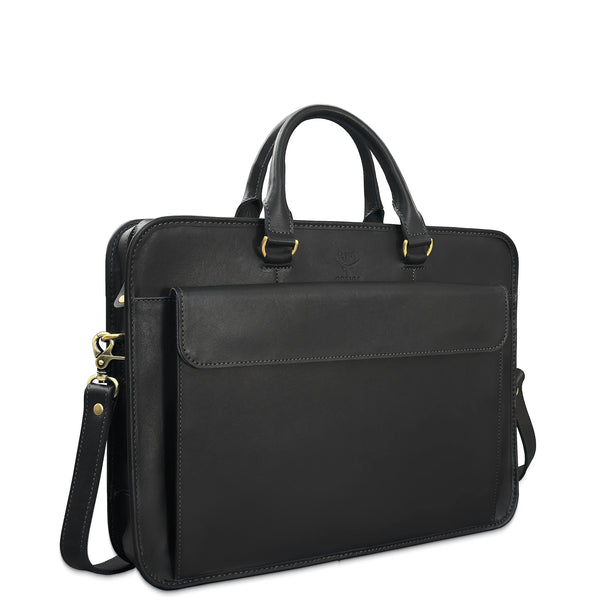Black leather briefcase with shoulder strap on a white background