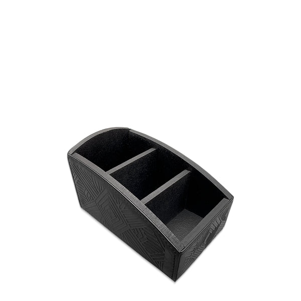 Black car console organizer with three compartments on a white background