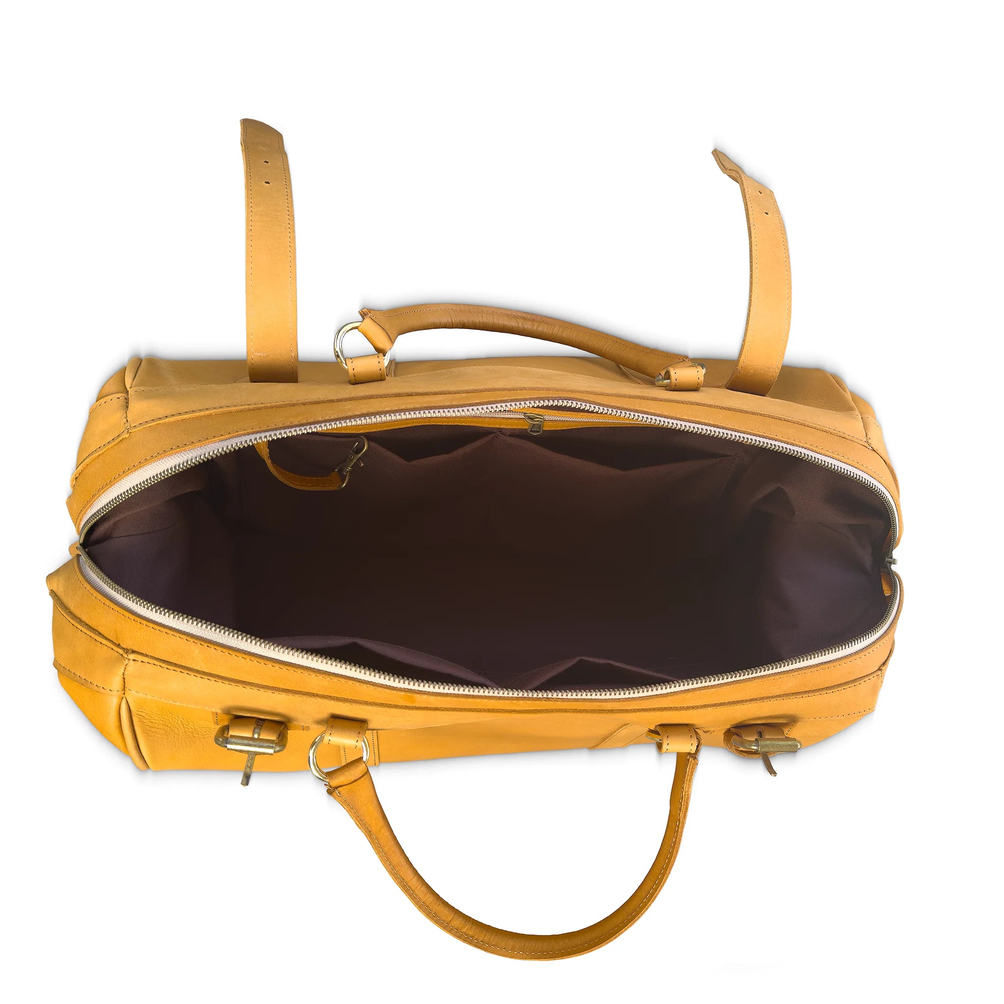 Tan leather suitcase with open lid on a white background