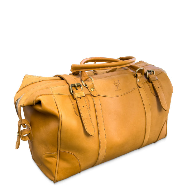 Brown leather duffel bag on a white background