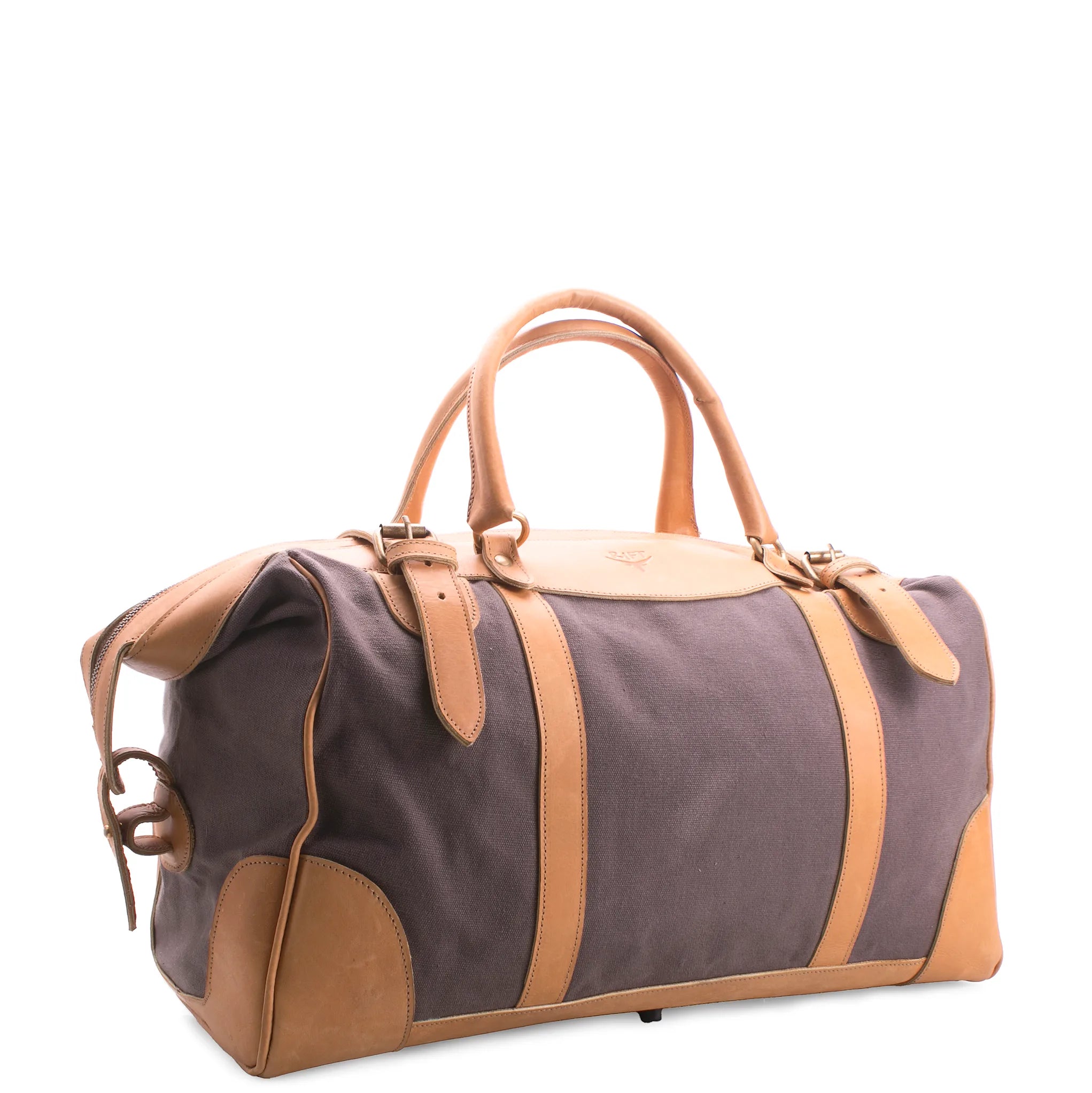 Brown and beige duffel bag on a white background