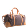 Brown and beige duffel bag on a white background